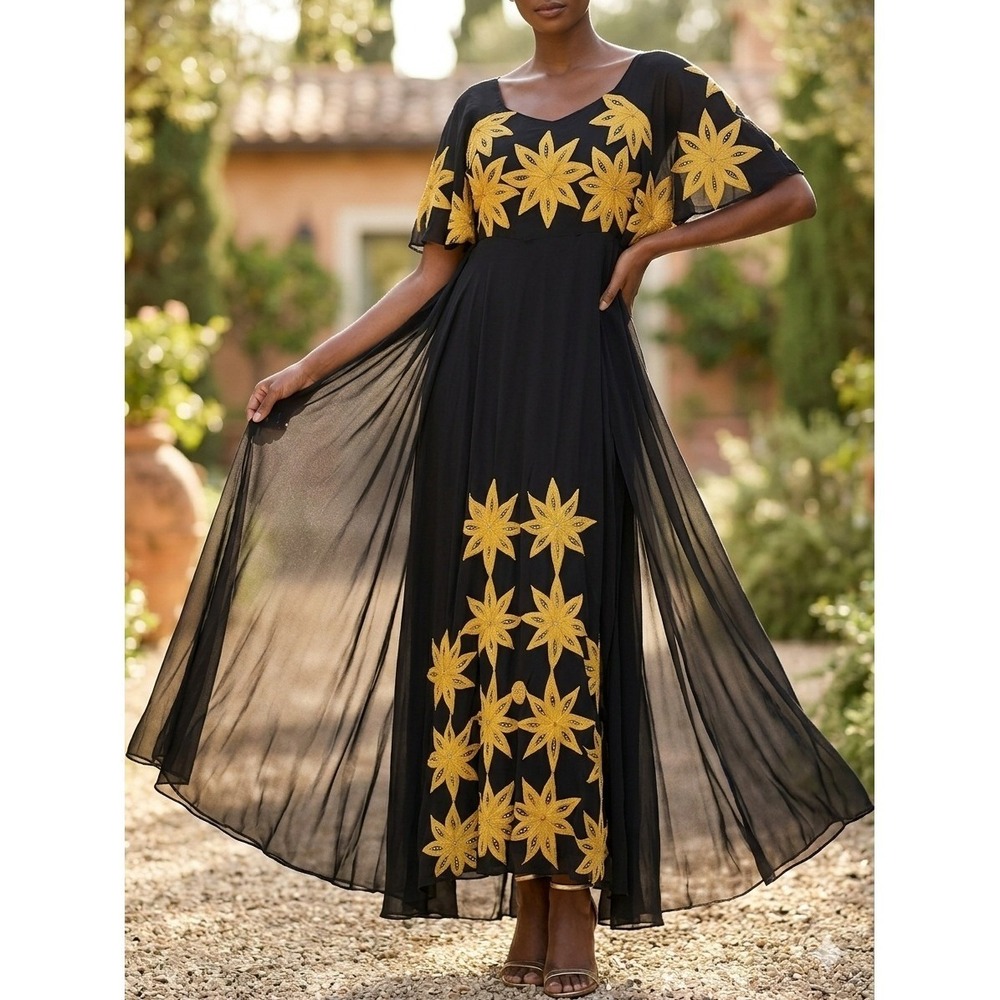 Vintage Hand Embroidered Black MaxiDress Yellow Sunburst Floral Boho Kaftan 51"